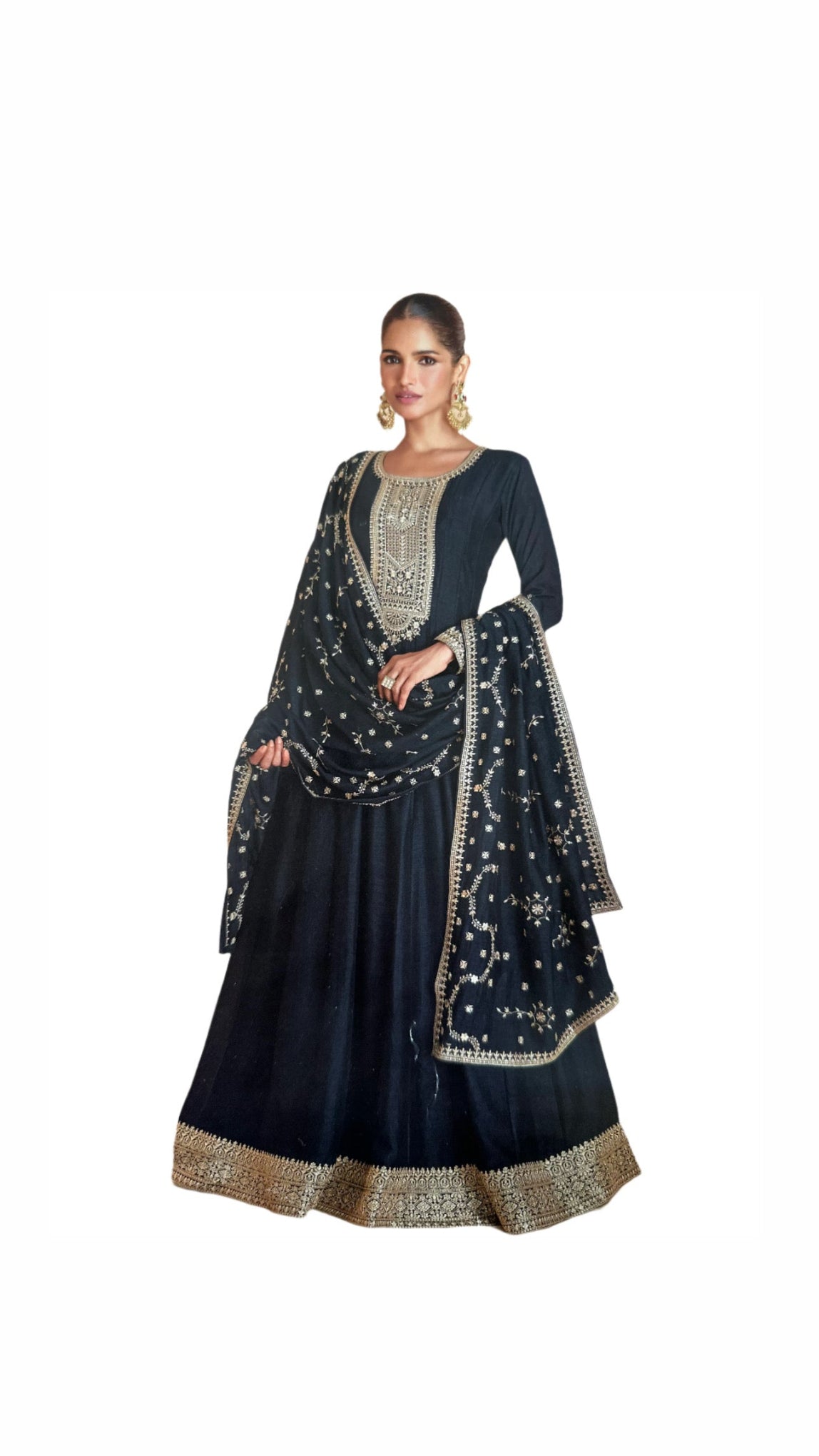 Chinnon Carbon Black Gown with Heavy Embroidery and Embroidered Dupatta