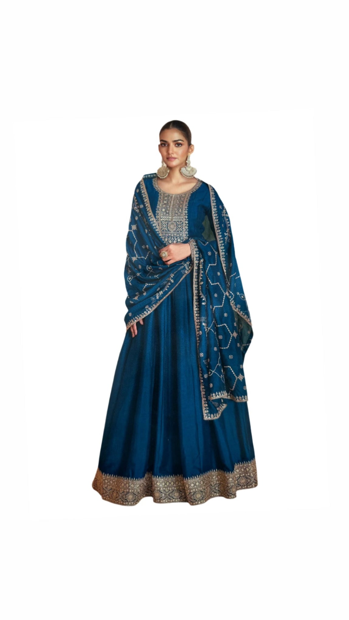 Chinnon Blue Gown with Heavy Embroidery and Embroidered Dupatta