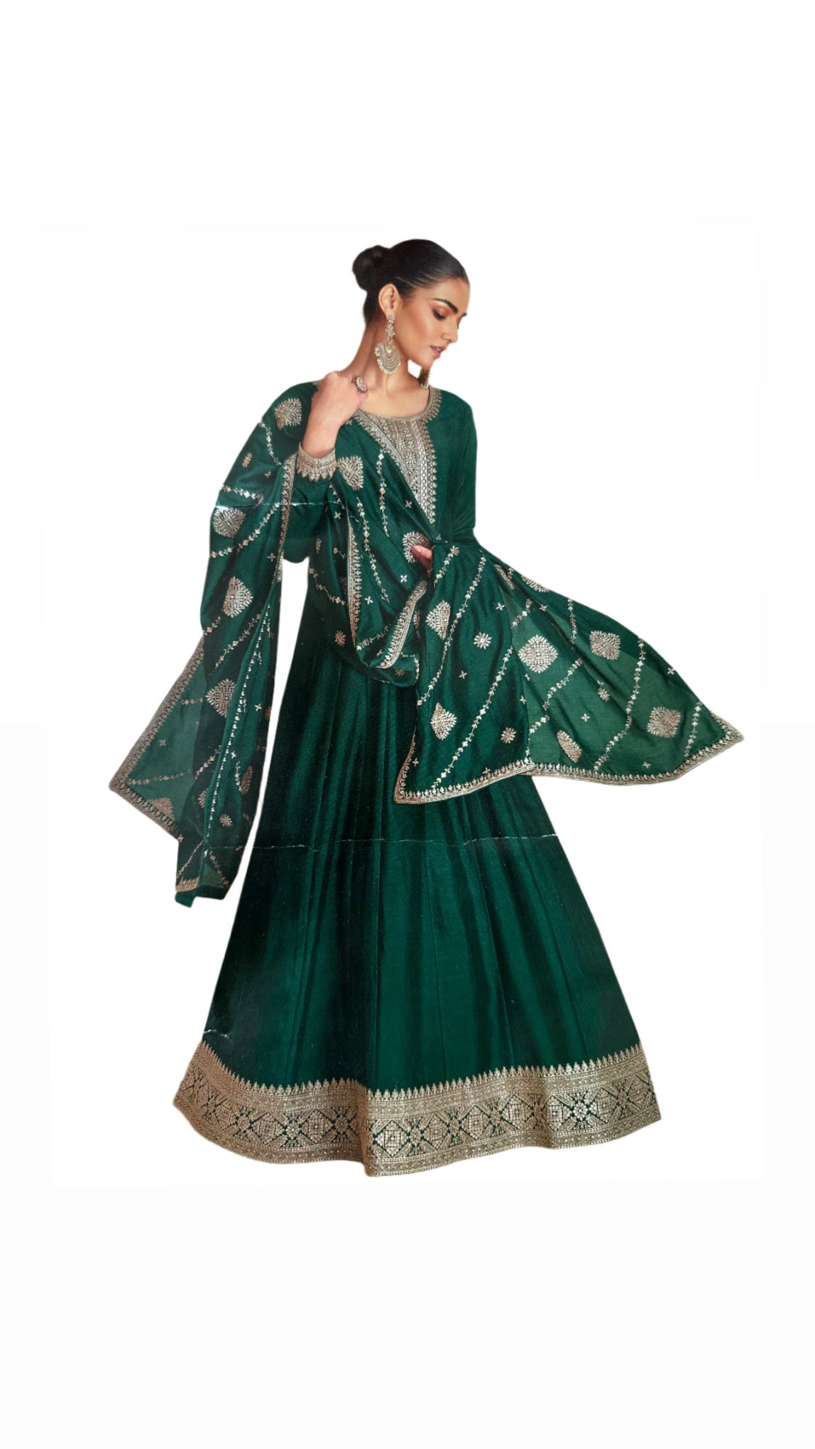Chinnon Bottle Green Gown with Heavy Embroidery and Embroidered Dupatta
