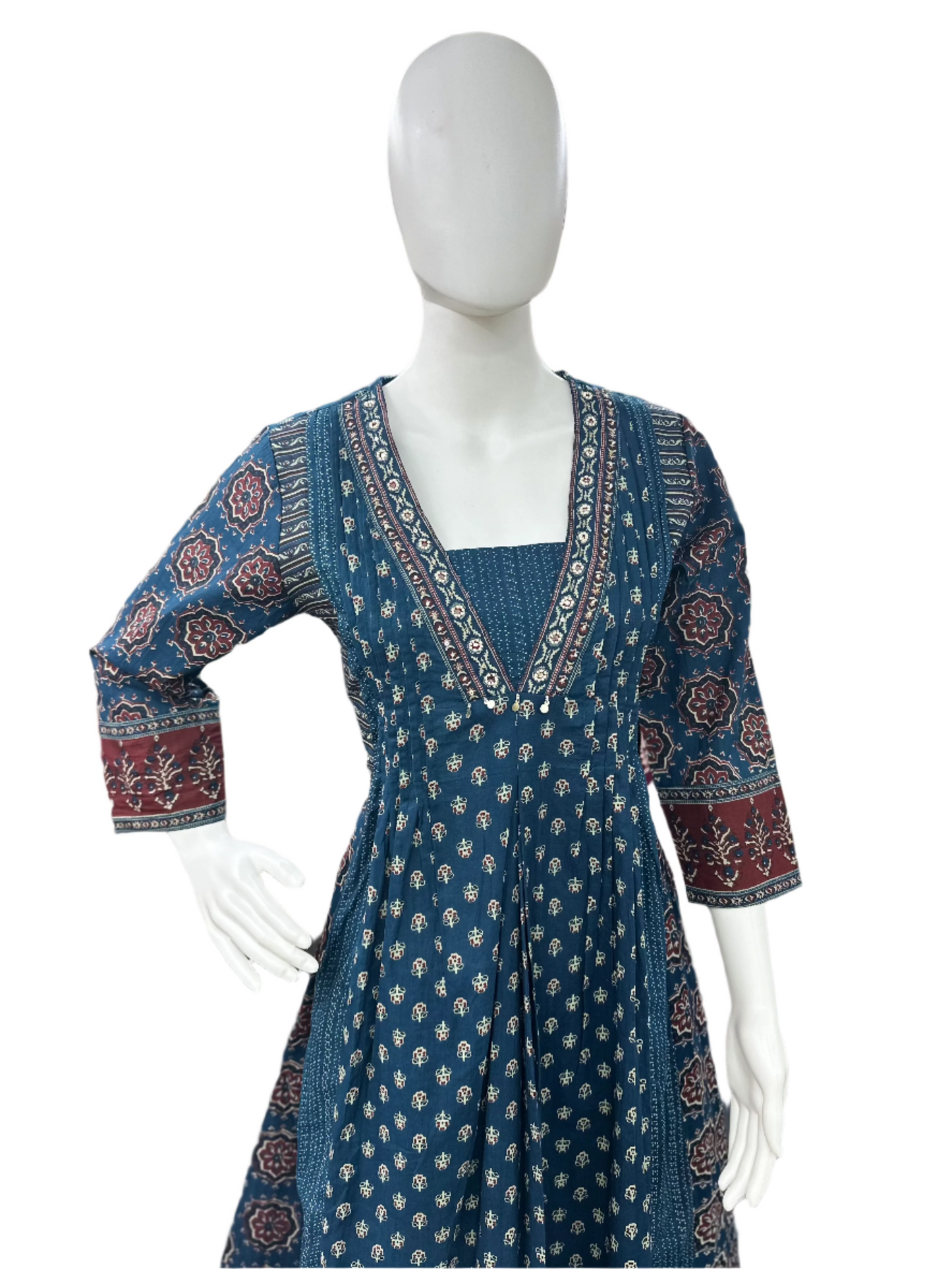 Cotton V-neck Ajrakh Print 3-Piece Anarkali set with Palazzo & Dupatta - Blue