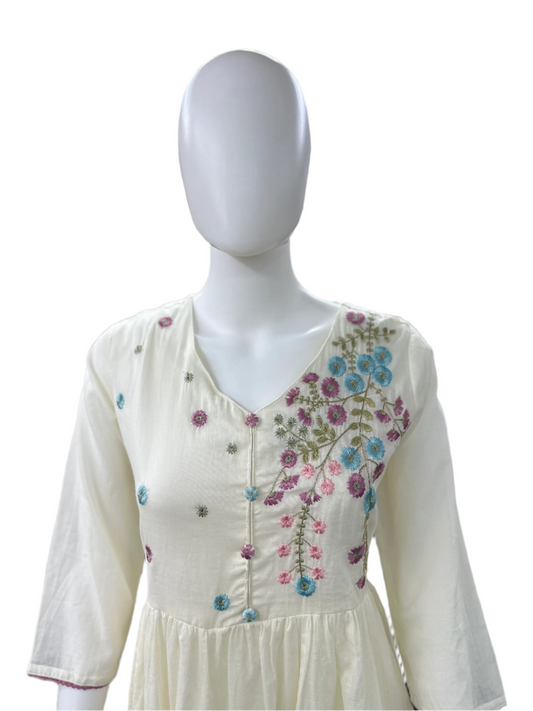 Mul Cotton 3-Piece Umbrella Kurta with Embroidered Crochet Lace Work and Lining - White