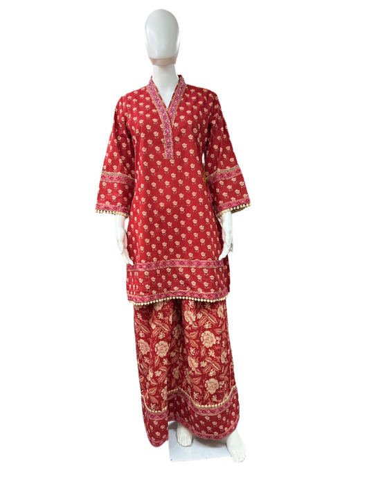 Floral Cotton 3 Piece Palazzo set - Red