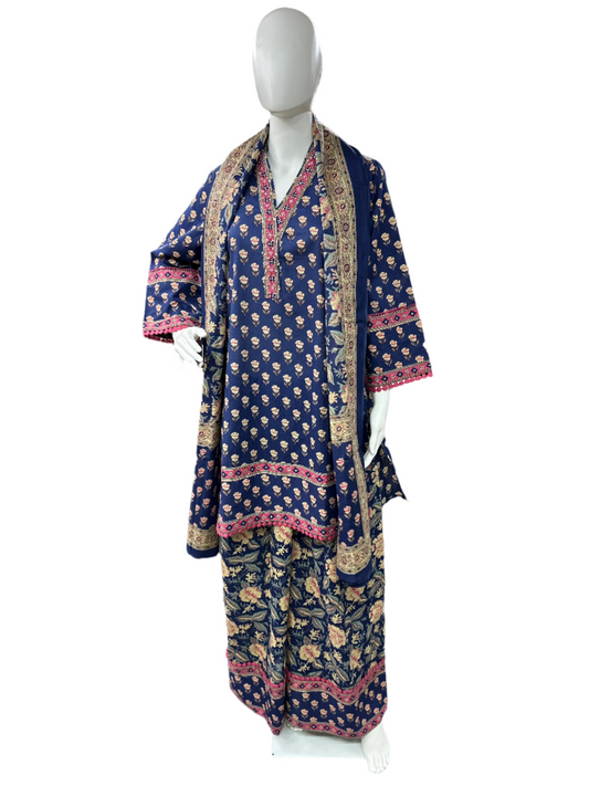 Floral Cotton 3 Piece Palazzo set - Blue