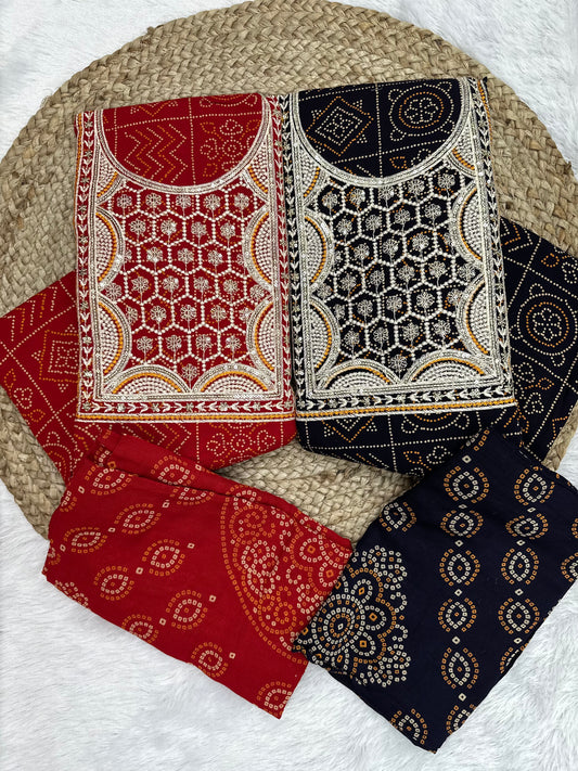 Unstitched Rayon fabric with Bandhani print and Sequence patch work on neck