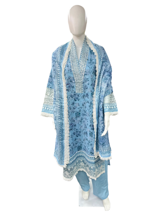 Cotton 3-piece dress with Bell Sleeves, Lace details, and Kota Doria Dupatta in Vibrant Blue