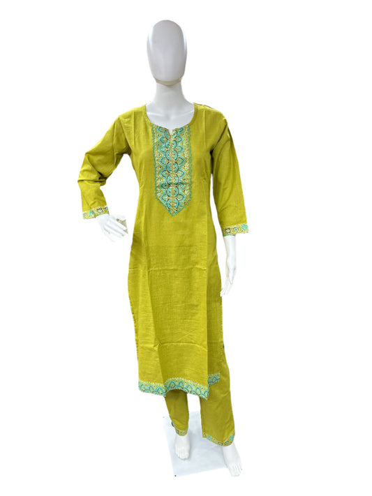 Slub Cotton 3 Piece Set with Lacework - Green
