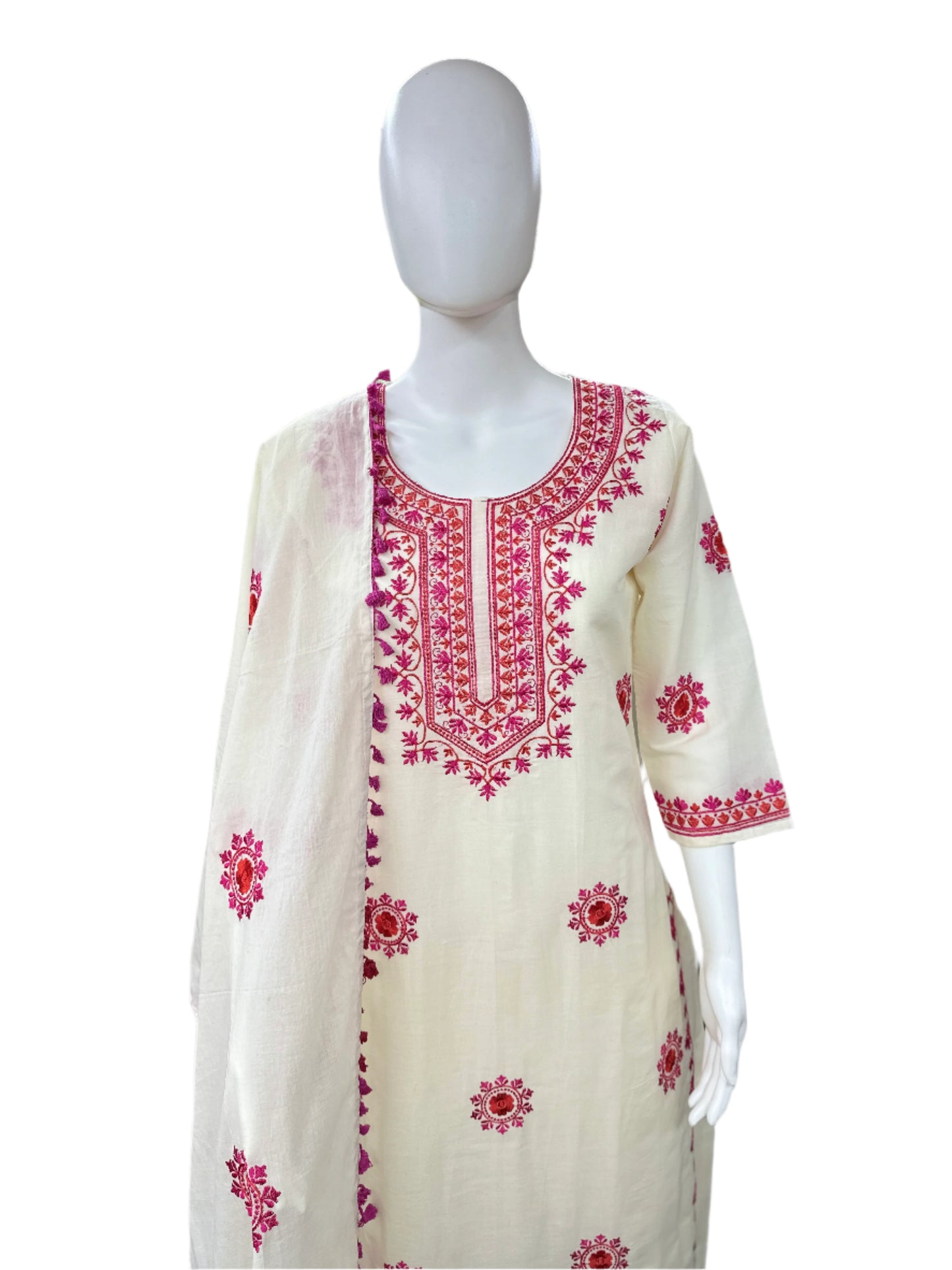 Cotton 3 Piece set - Off White with Embroidery and Lacework