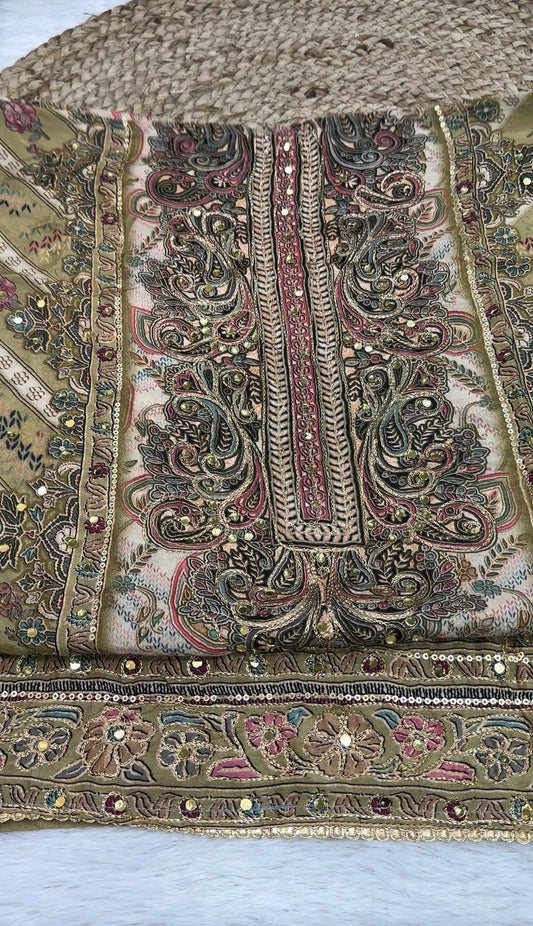 Unstitched Pure Viscose Maslin digital print with Aari & Handwork