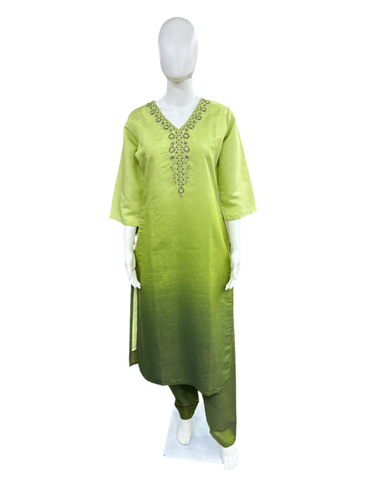 Roman Silk 3-Piece Set with Cotton Lining and Embroidery on Neck - Ombre Light Green