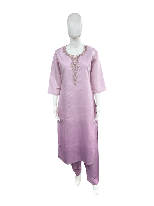Roman Silk 3-Piece Set with Cotton Lining and Embroidery on Neck - Ombre Lavender