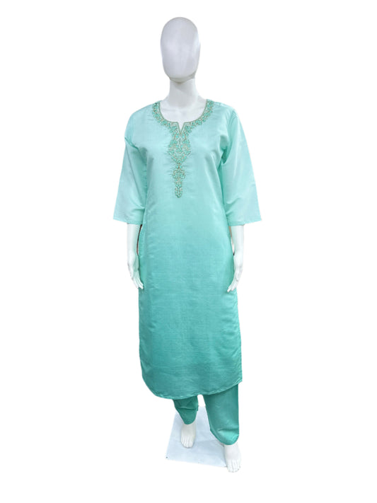 Roman Silk 3-Piece Set with Cotton Lining and Embroidery on Neck - Ombre Sea Blue