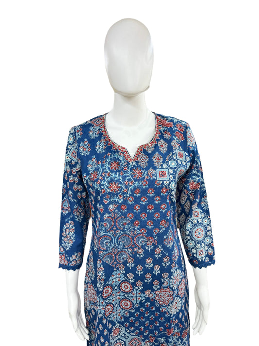 Cotton 2-Piece Ajrakh Print Top and Palazzo with Lacework - Blue