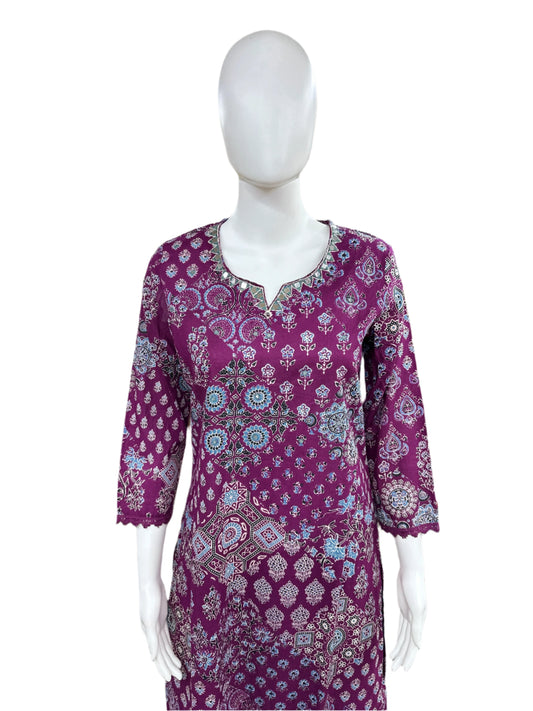 Cotton 2-Piece Ajrakh Print Top and Palazzo with Lacework - Purple