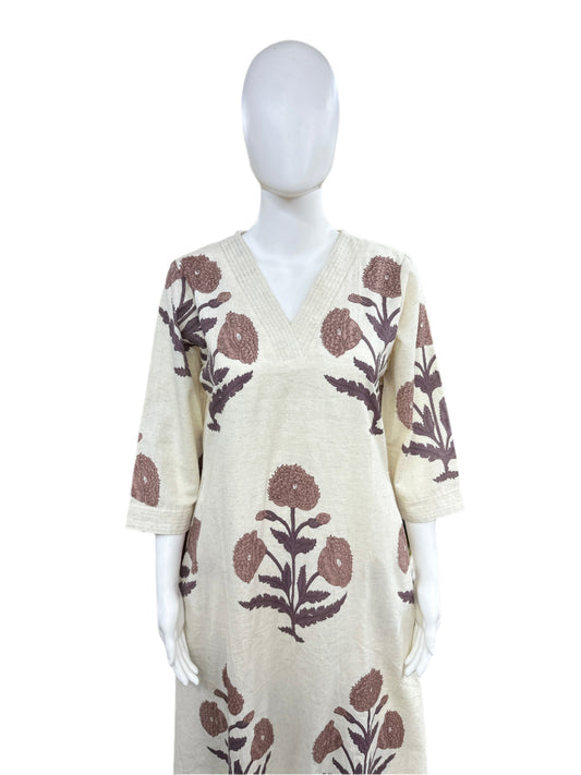 Cotton Linen V-neck Floral Print with Brown Flowers - 2 Piece A-line Top with Palazzo