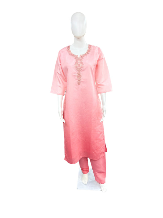Roman Silk 3-Piece Set with Cotton Lining and Embroidery on Neck - Pink