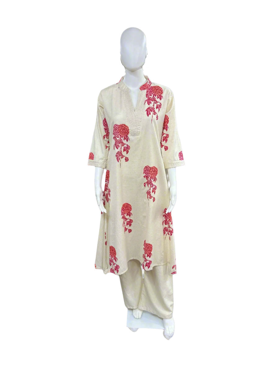 Flex Cotton - 2 piece A-line top with Palazzo - Beige Pink Flower