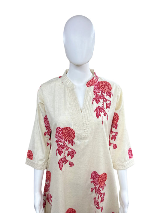 Flex Cotton - 2 piece A-line top with Palazzo - Beige Pink Flower