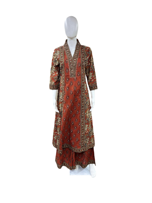 Pure Cotton 3 piece Floral Anarkali with Divider & printed Dupatta in Rust color