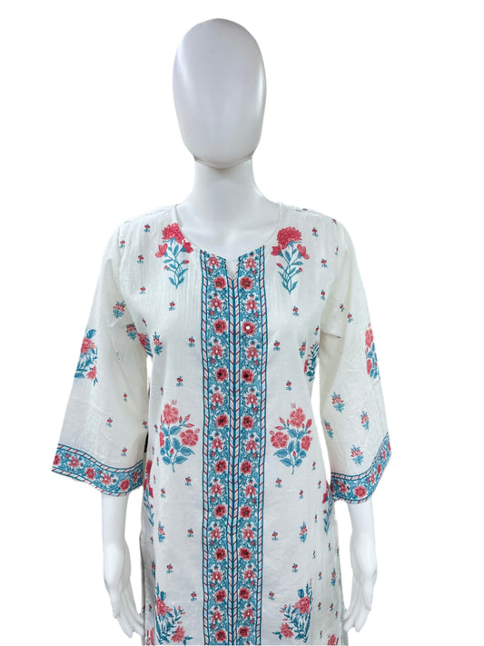 Pure Dobby Cotton 2 Piece Set - White/Blue with Pink Flowers