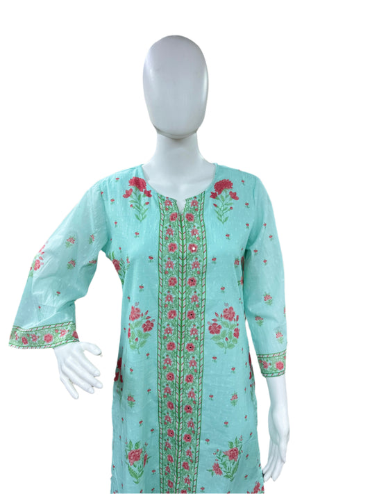 Pure Dobby Cotton 2 Piece Set - Sea Green with Pink Flowers