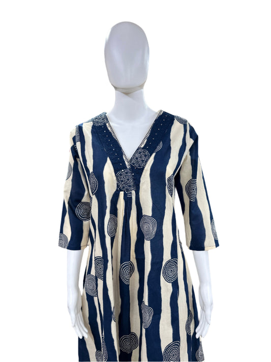 Cotton - 2 piece A-line w Palazzo - Blue & Beige