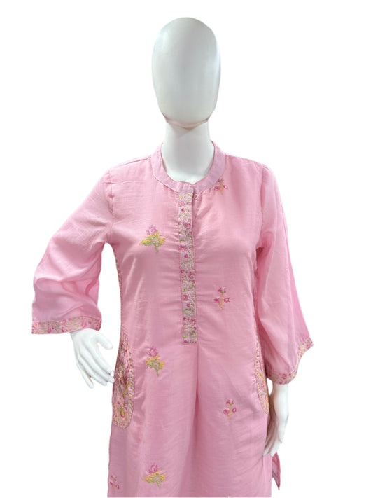 Mul Cotton 2 Piece Set - Bell Sleeves with Pockets and Embroidery in Pink