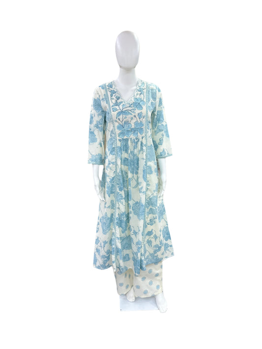 Premium Floral Cotton 3-Piece Set - Umbrella Cut Kurta with Embroidered Yoke, Palazzo Pants & Kota Doria Dupatta - Baby Blue