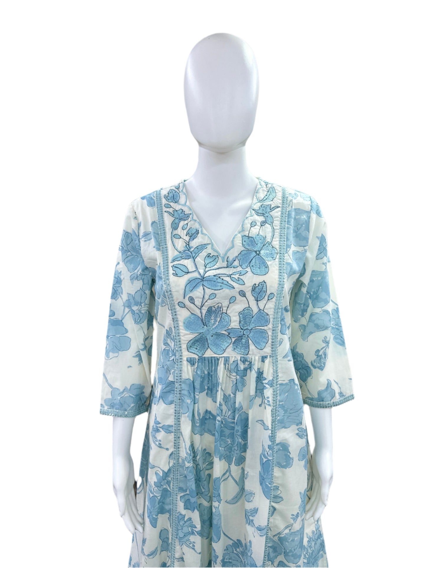 Premium Floral Cotton 3-Piece Set - Umbrella Cut Kurta with Embroidered Yoke, Palazzo Pants & Kota Doria Dupatta - Baby Blue