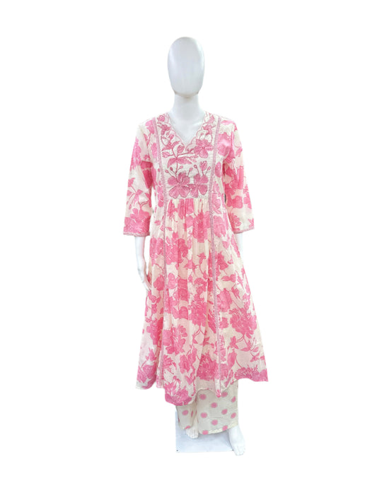 Premium Floral Cotton 3-Piece Set - Umbrella Cut Kurta with Embroidered Yoke, Palazzo Pants & Kota Doria Dupatta - Pink