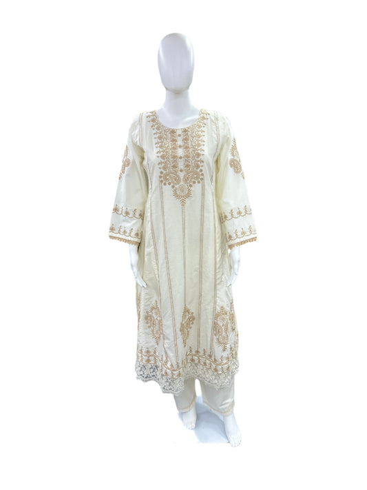 Premium Cotton 3-Piece Embroidered Set - A-Line Top with Lining, Straight Pants & Lacework Dupatta