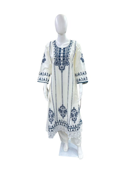 Premium Cotton 3-Piece Embroidered Set - A-Line Top with Lining, Straight Pants & Lacework Dupatta - White & Blue