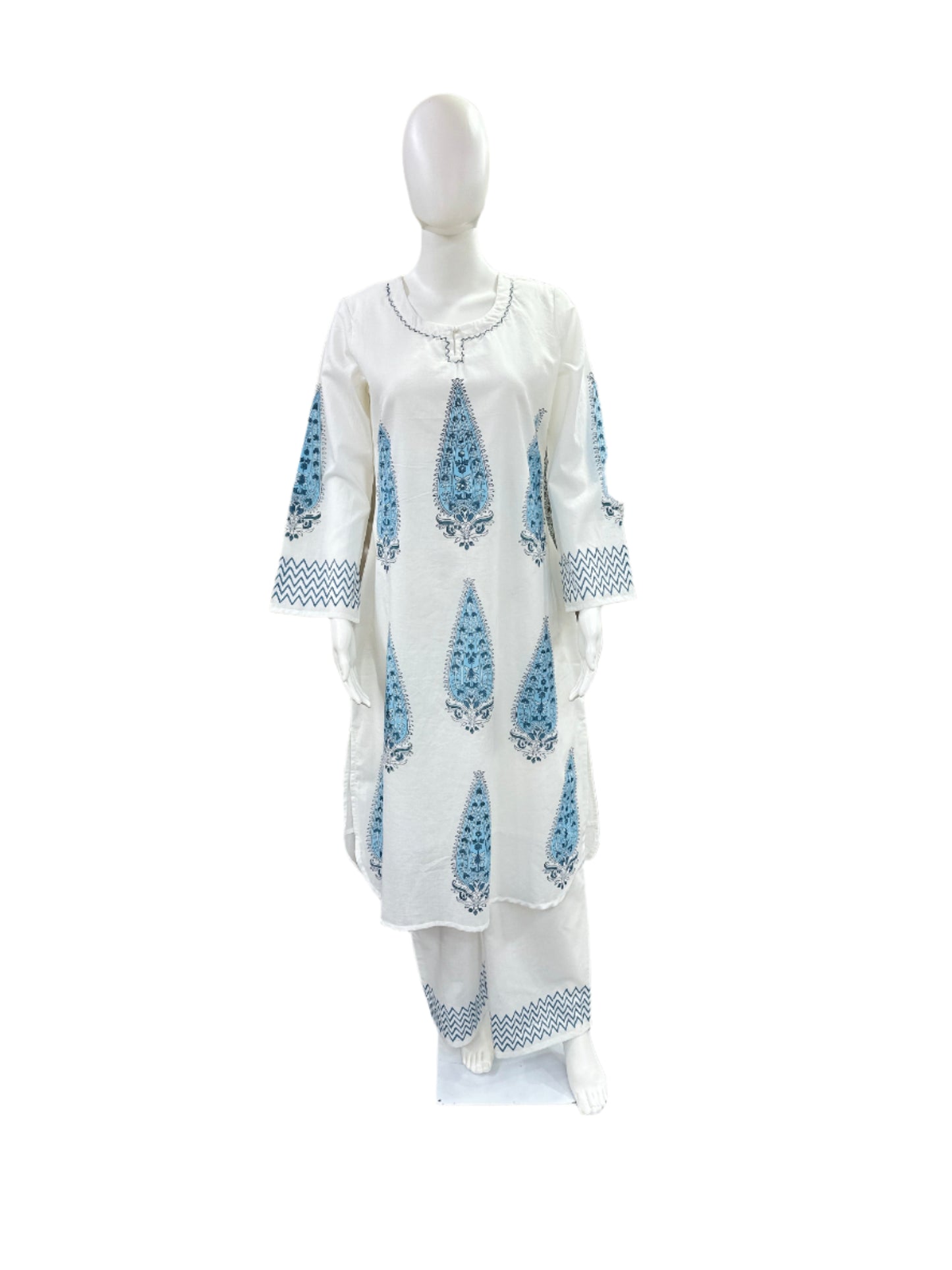 Handblock Print Cotton 2-Piece Set - U-Cut Top with Bell Sleeves & Palazzo - White & Blue