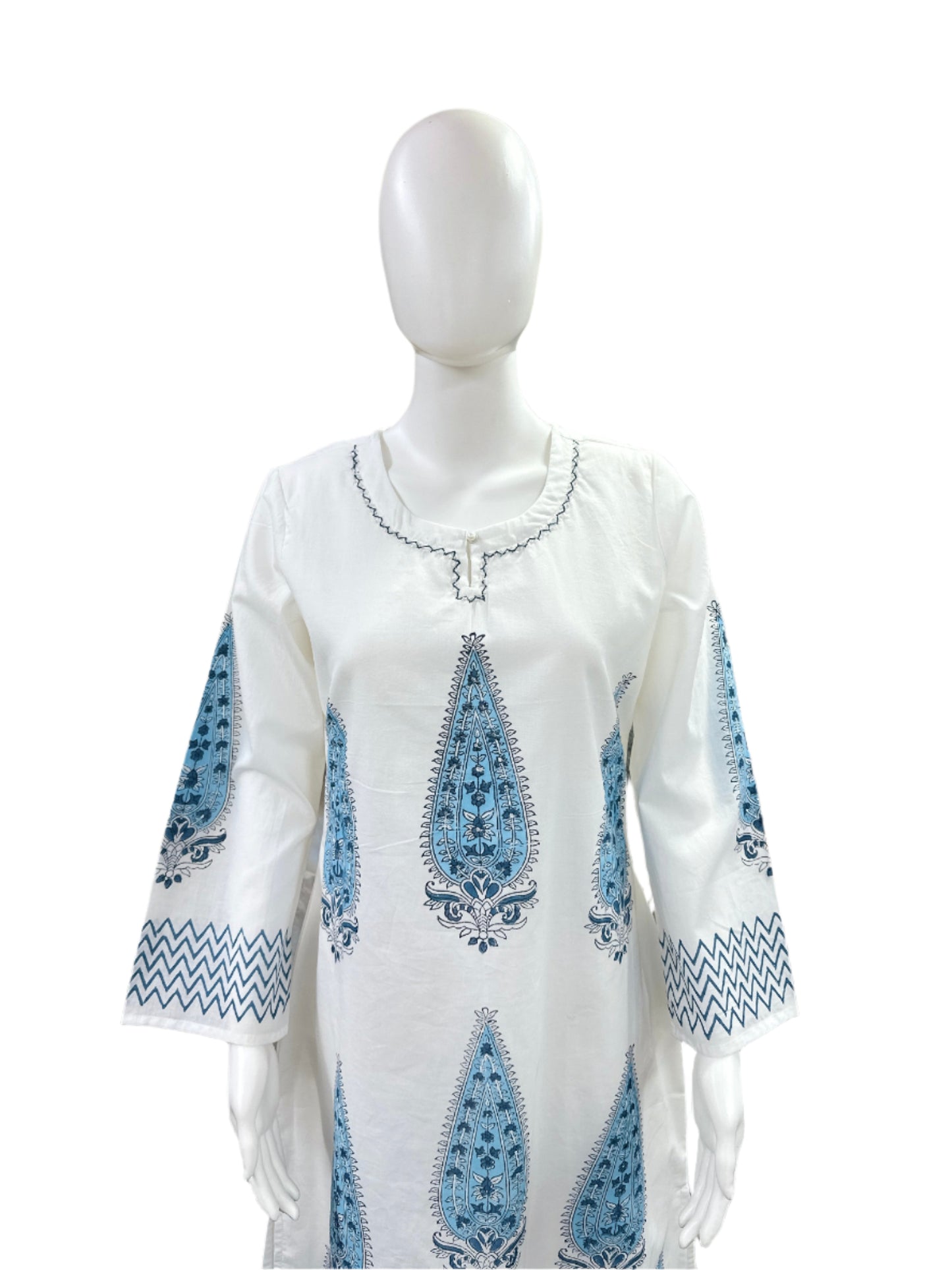 Handblock Print Cotton 2-Piece Set - U-Cut Top with Bell Sleeves & Palazzo - White & Blue