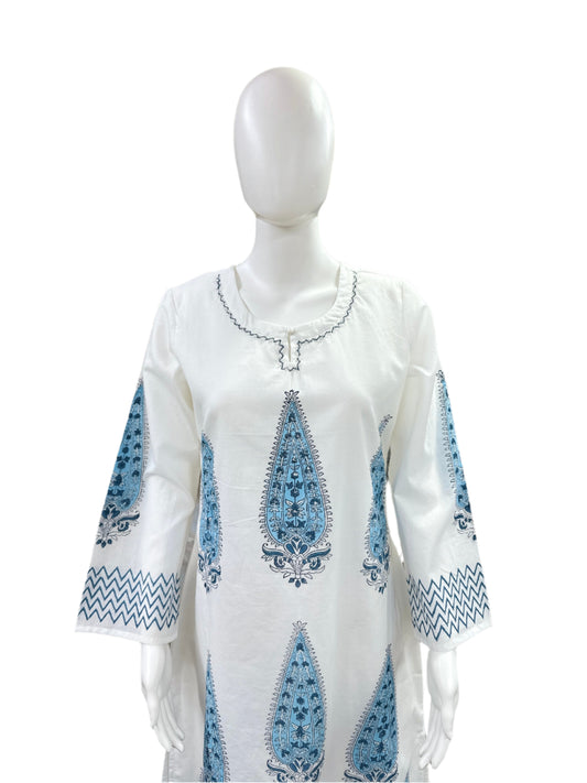Handblock Print Cotton 2-Piece Set - U-Cut Top with Bell Sleeves & Palazzo - White & Blue