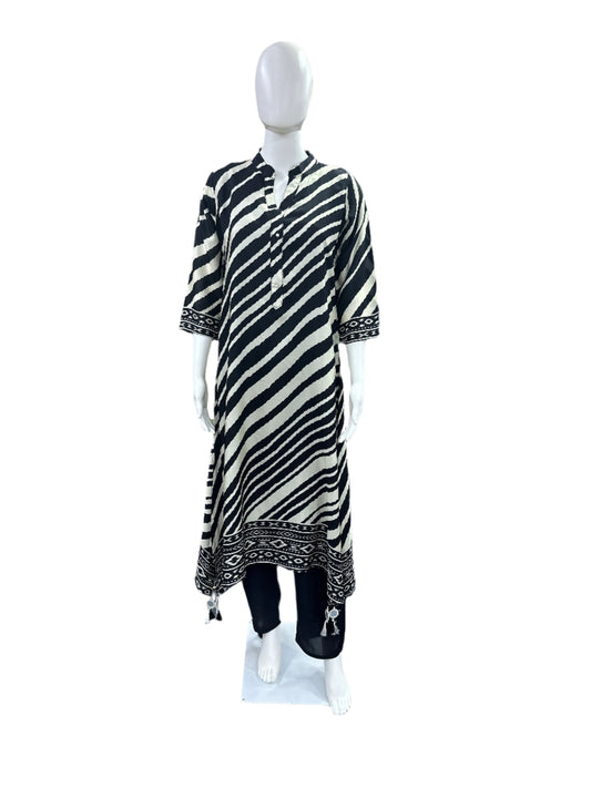 Elegant Dola Silk 3-Piece Set - A-line Top with Tassels & Pendant, Straight Pants & Printed Dupatta - Black & Beige