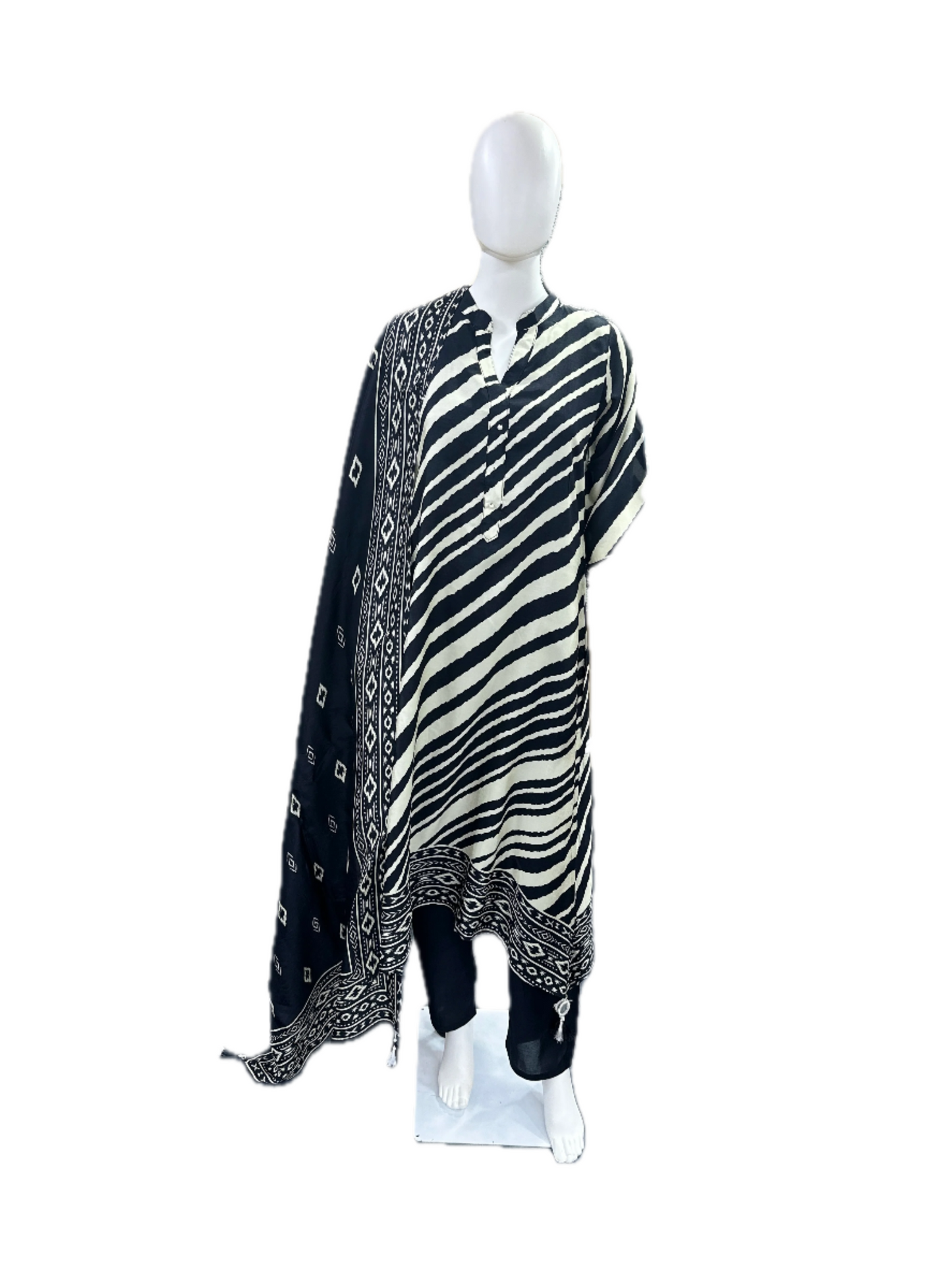 Elegant Dola Silk 3-Piece Set - A-line Top with Tassels & Pendant, Straight Pants & Printed Dupatta - Black & Beige