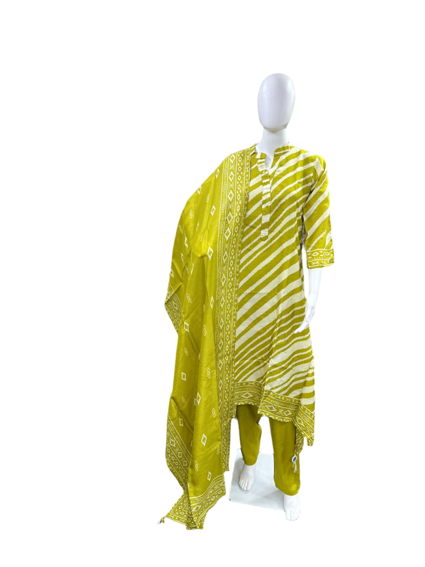 Premium Dola Silk 3-Piece Set - A-line Top with Tassels, Straight Pants & Printed Dupatta - Green & Beige