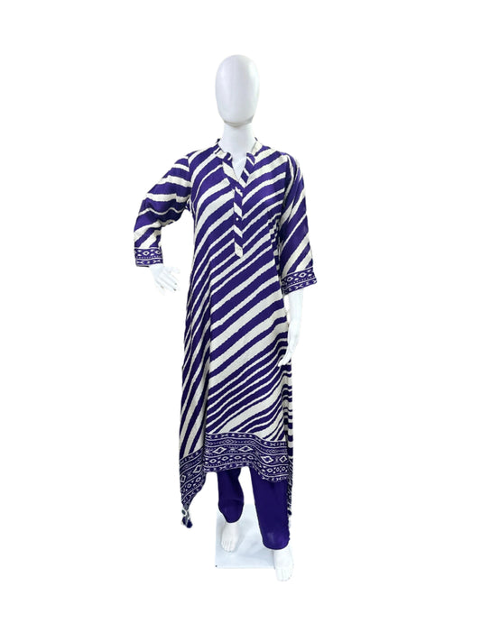 Elegant Dola Silk 3-Piece Set - A-line Top with Tassels & Pendant, Straight Pants & Printed Dupatta - Purple & Beige