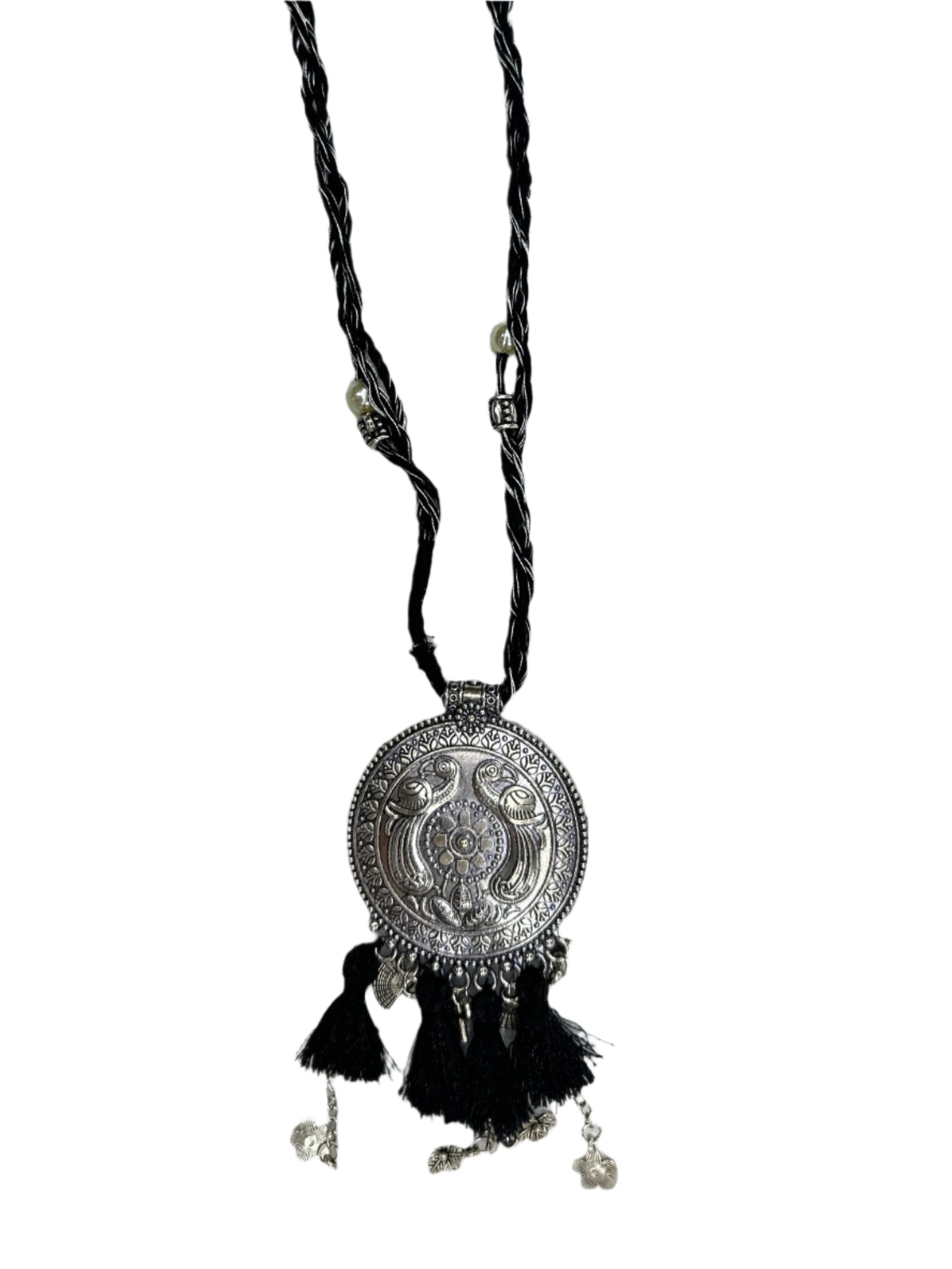 Elegant Dola Silk 3-Piece Set - A-line Top with Tassels & Pendant, Straight Pants & Printed Dupatta - Black & Beige