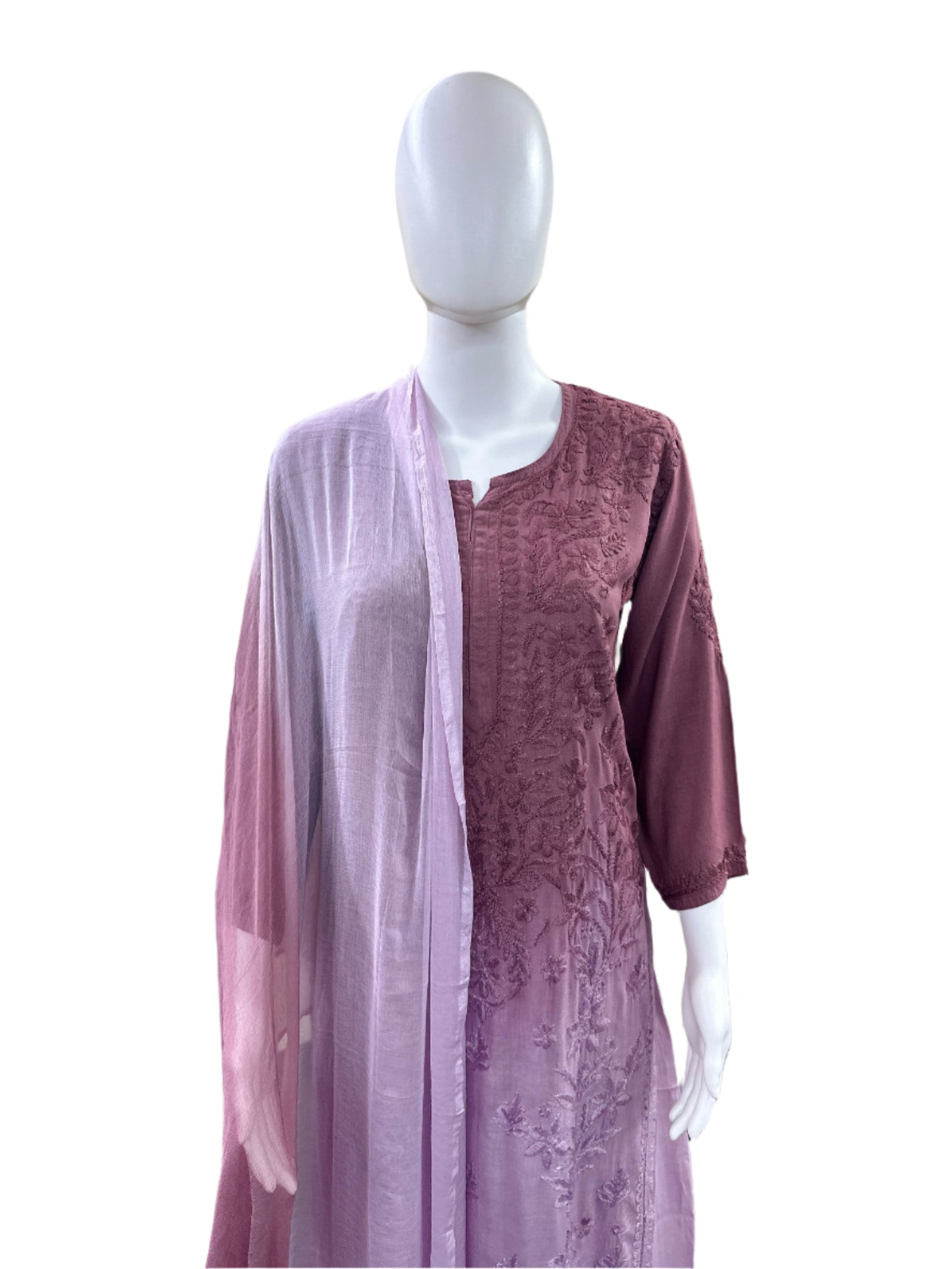 Premium Modal 3-Piece Lucknowi Set - 3D Handwork Kurta & Palazzo with Chiffon Dupatta - Purple Ombre