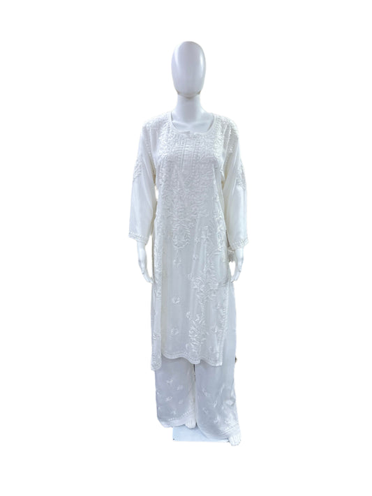 Premium Modal 3-Piece Lucknowi Set - 3D Handwork Kurta & Palazzo with Chiffon Dupatta - Pure White