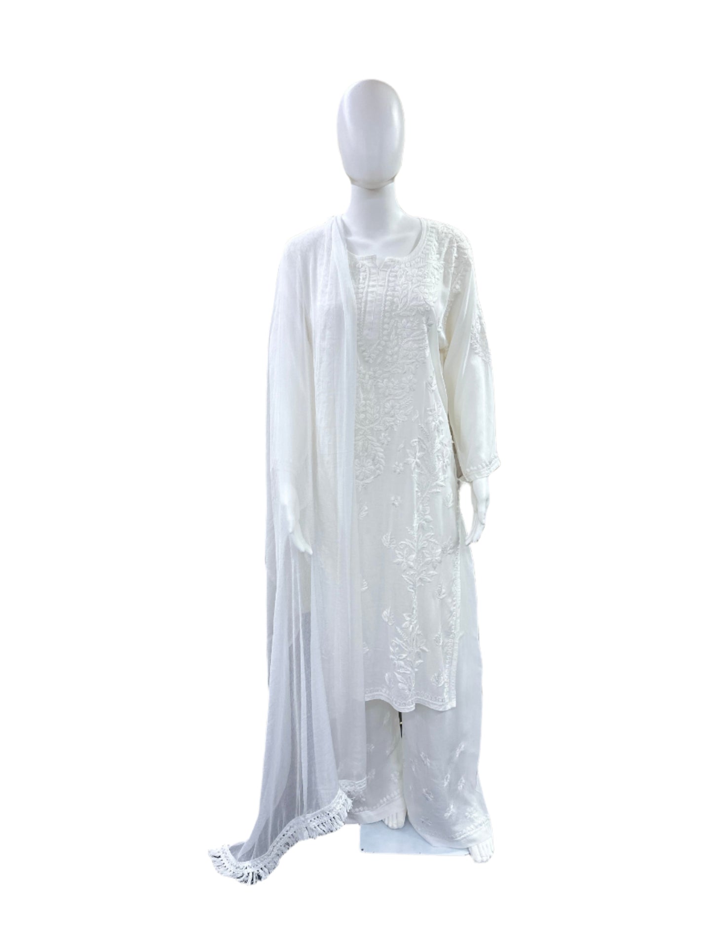Premium Modal 3-Piece Lucknowi Set - 3D Handwork Kurta & Palazzo with Chiffon Dupatta - Pure White