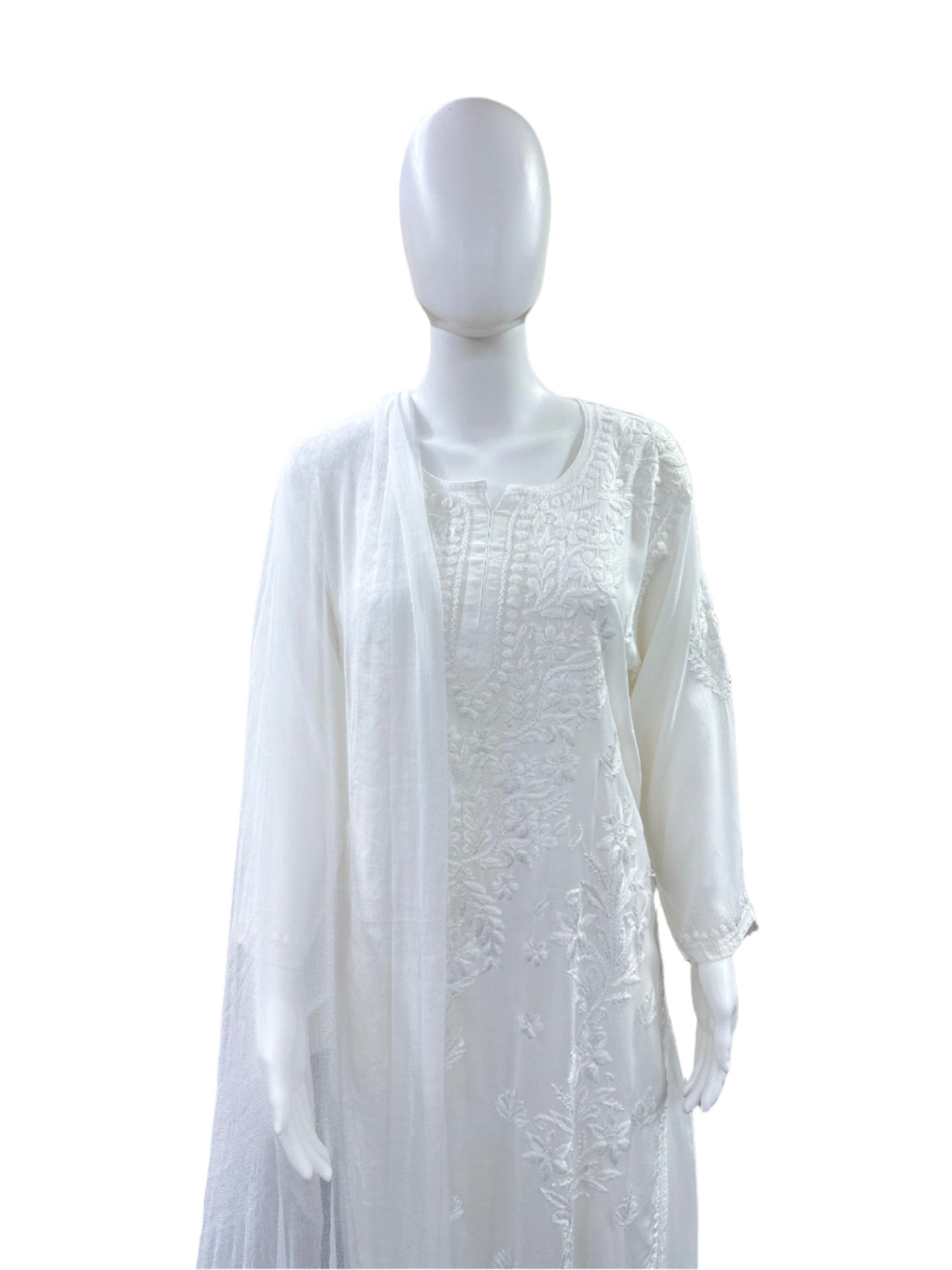 Premium Modal 3-Piece Lucknowi Set - 3D Handwork Kurta & Palazzo with Chiffon Dupatta - Pure White