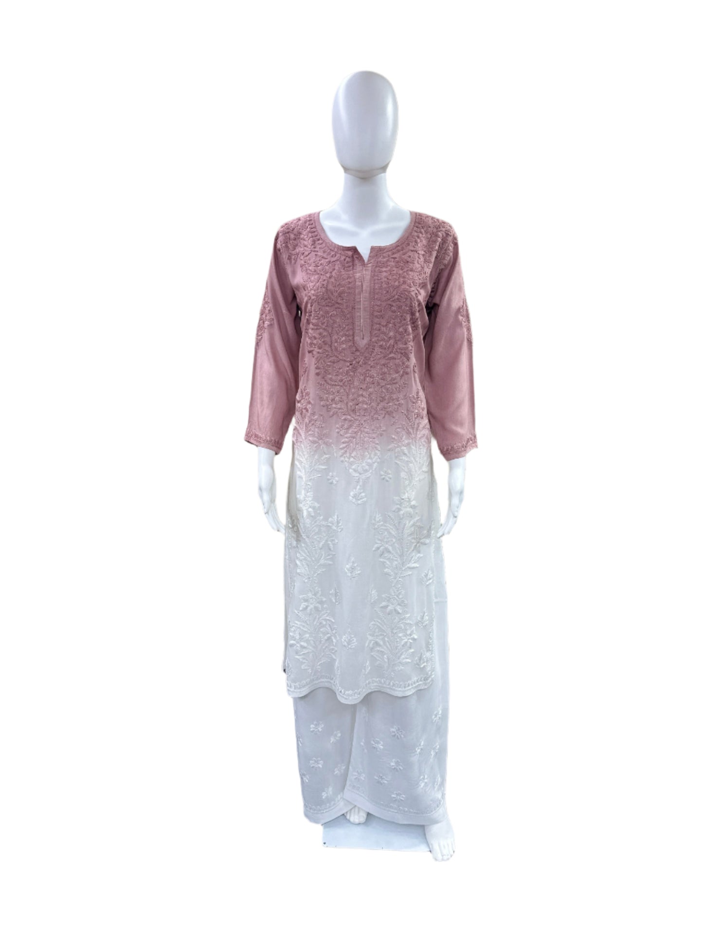 Premium Modal 3-Piece Lucknowi Set - 3D Handwork Kurta & Palazzo with Chiffon Dupatta - Mauve Ombre