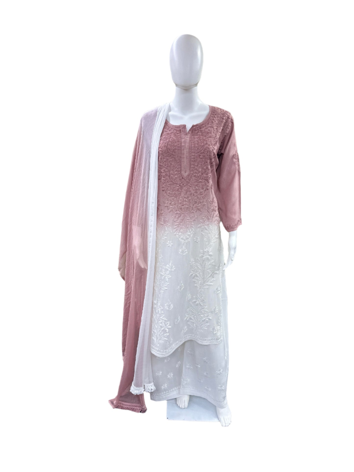 Premium Modal 3-Piece Lucknowi Set - 3D Handwork Kurta & Palazzo with Chiffon Dupatta - Mauve Ombre