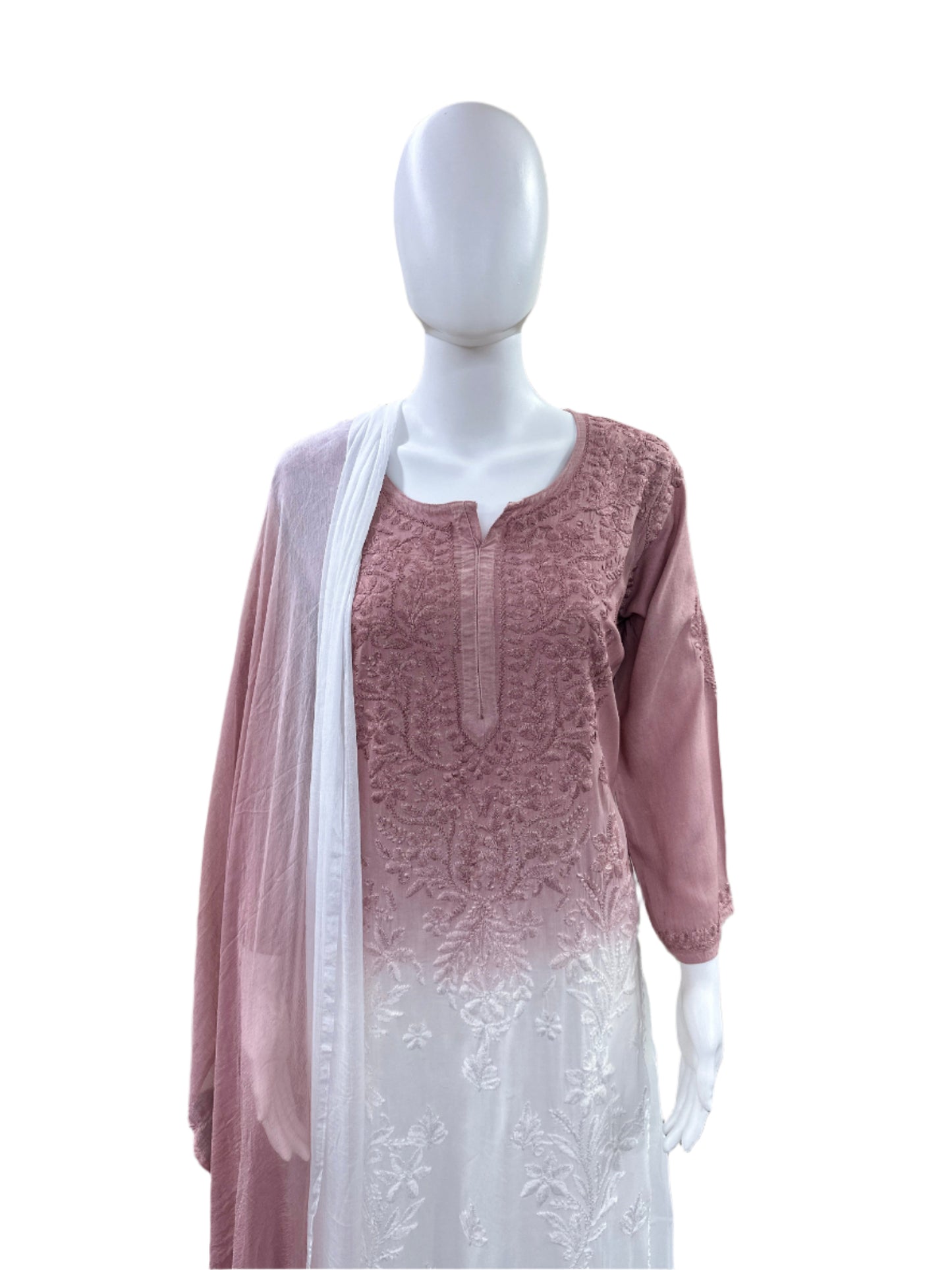 Premium Modal 3-Piece Lucknowi Set - 3D Handwork Kurta & Palazzo with Chiffon Dupatta - Mauve Ombre