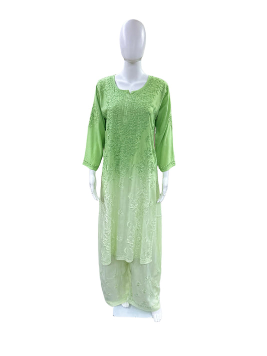 Premium Modal 3-Piece Lucknowi Set - 3D Handwork Kurta & Palazzo with Chiffon Dupatta - Pista Green Ombre