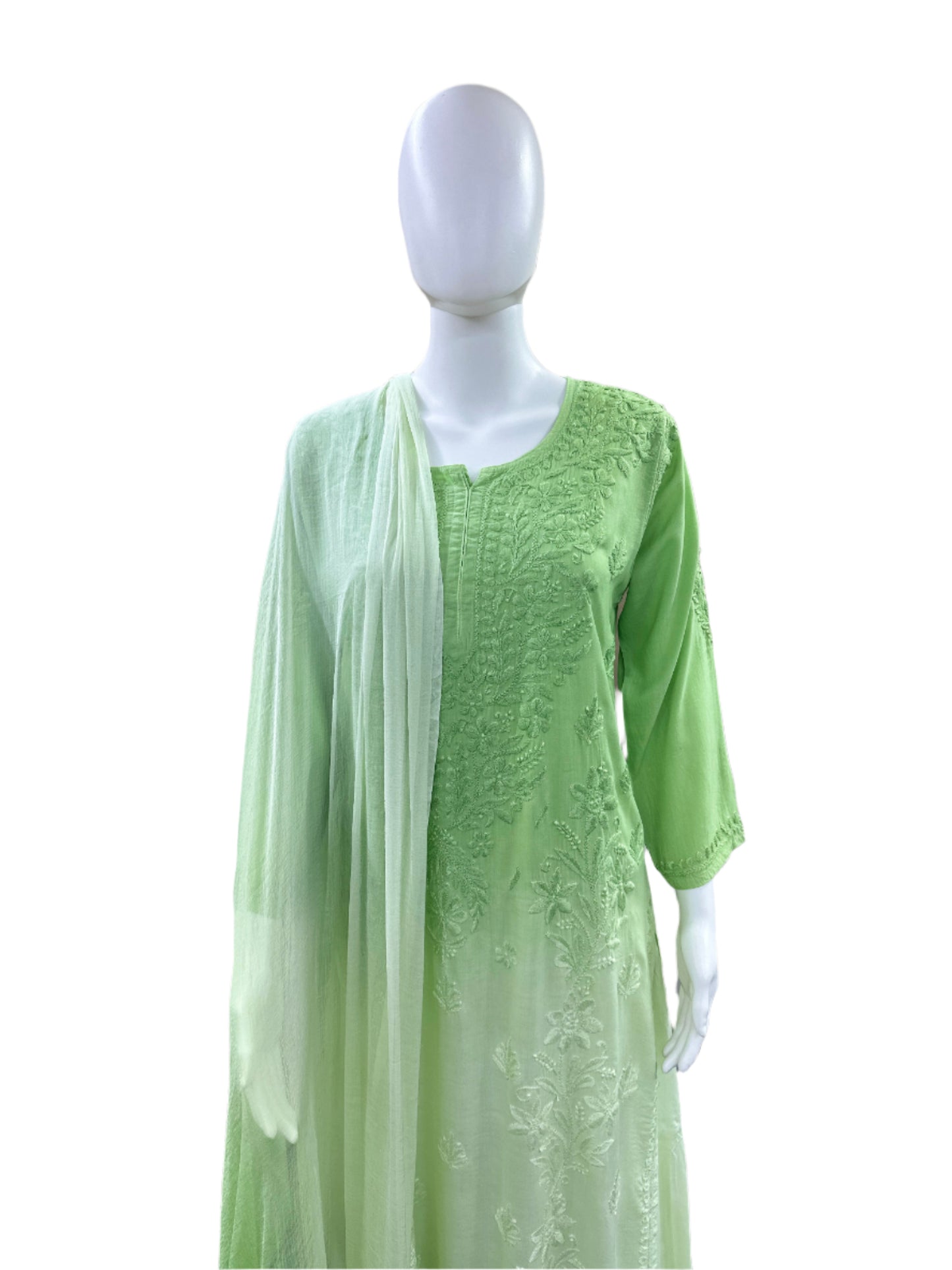 Premium Modal 3-Piece Lucknowi Set - 3D Handwork Kurta & Palazzo with Chiffon Dupatta - Pista Green Ombre