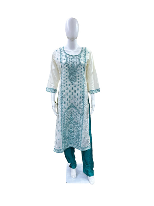 Luxury Silk 3-Piece Set - Straight Top with Jacquard Work (Lining Included, Straight Pants & Matching Jacquard Dupatta - Vibrant Create a SEO optimised product title and a Product description which is very comprehensive. Please add about the fabric, care, style and occasional details. Below is the product detail. Silk - 3 piece set - Straight Top Jacquard work, straight pant with jacquard dupatta - Beige & Turquoise Green