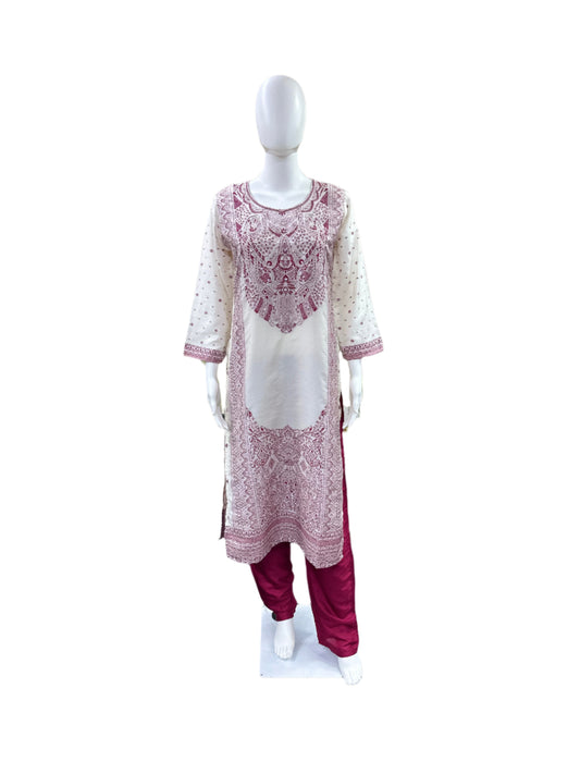 Luxury Silk 3-Piece Set - Straight Top with Jacquard Work & Lining, Straight Pants & Matching Jacquard Dupatta - Elegant Beige & Maroon